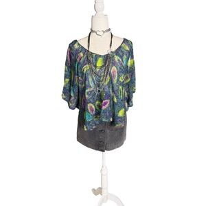 dELiA*s Y2K Sheer Peacock Print Batwing Top – XS